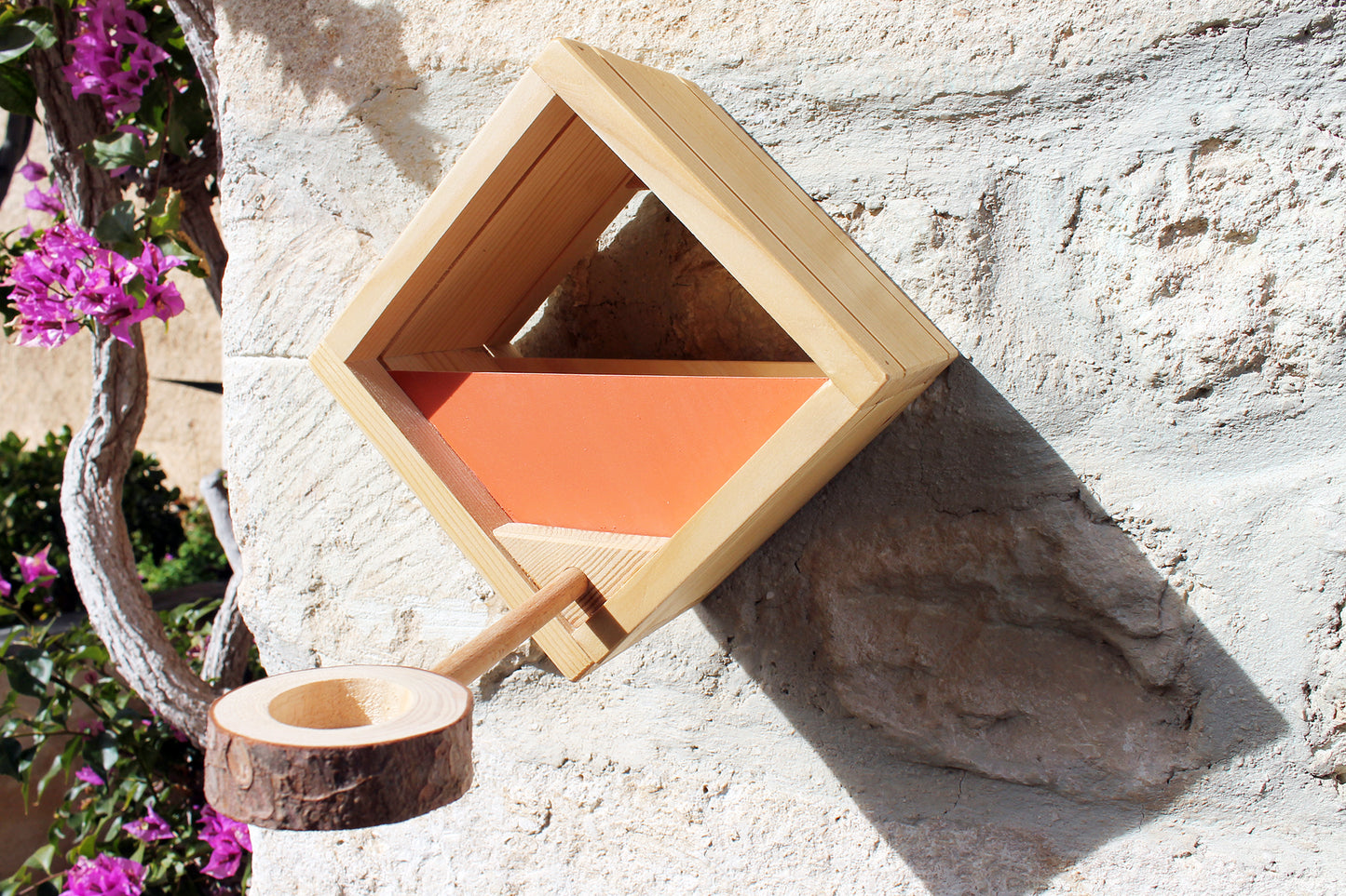 Modern Bird feeder in natural wood. Ku-Bird Feeder