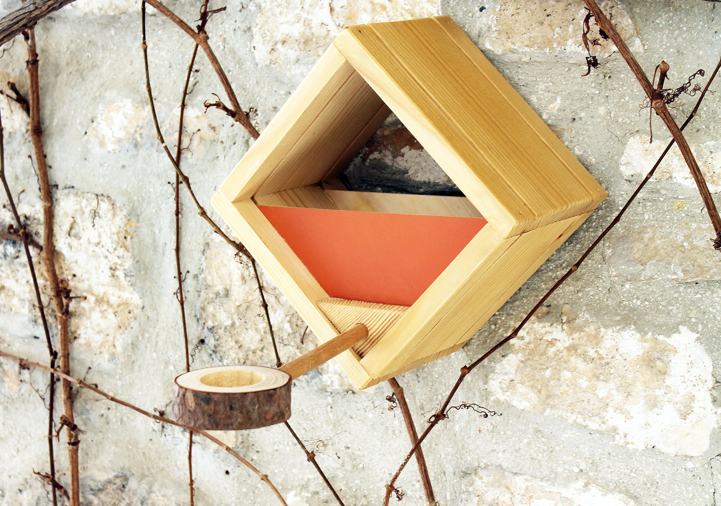 Modern Bird feeder in natural wood. Ku-Bird Feeder