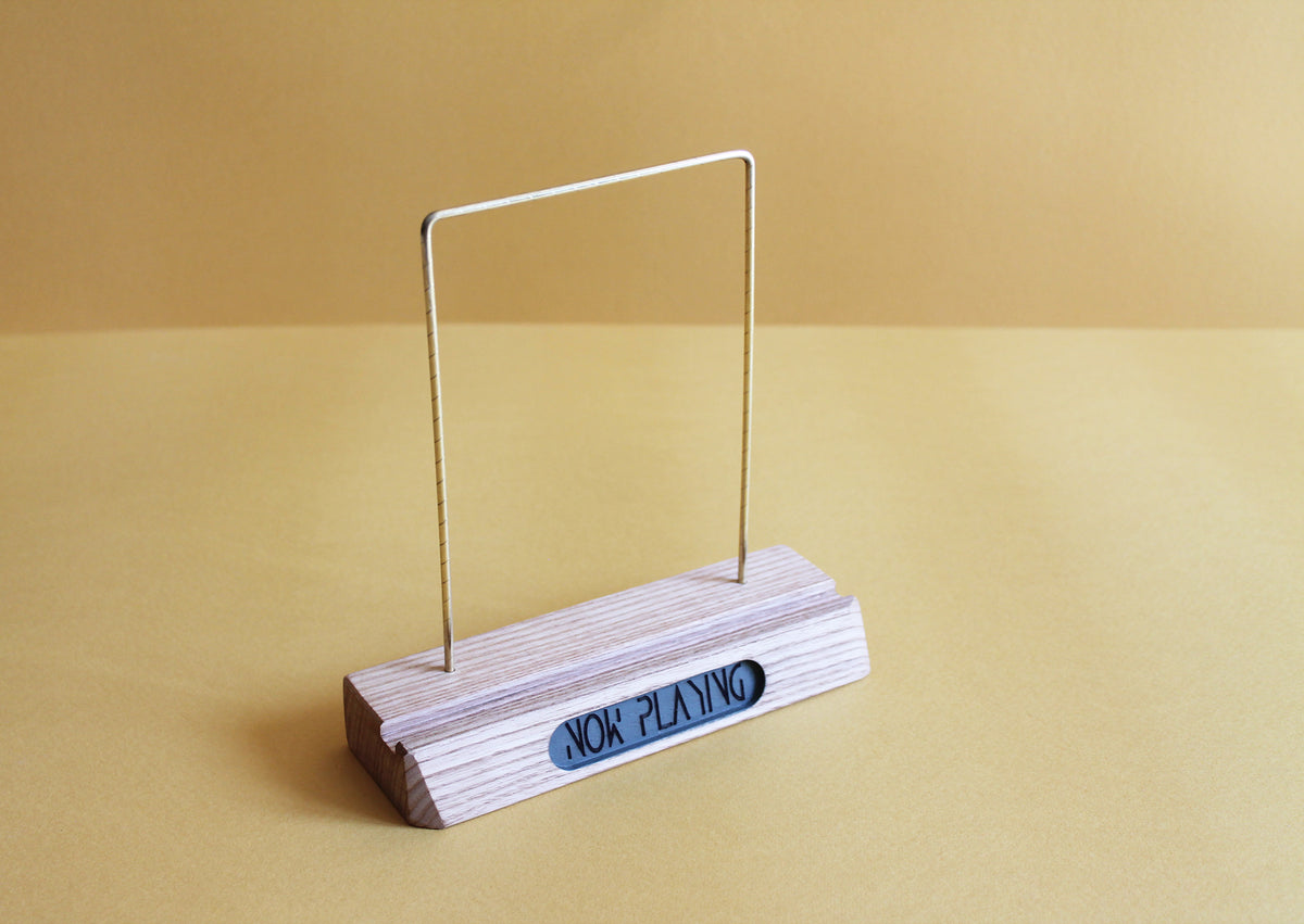 Vinyl record holder for display in wood and brass | Now Playing record stand | Vinyl record display