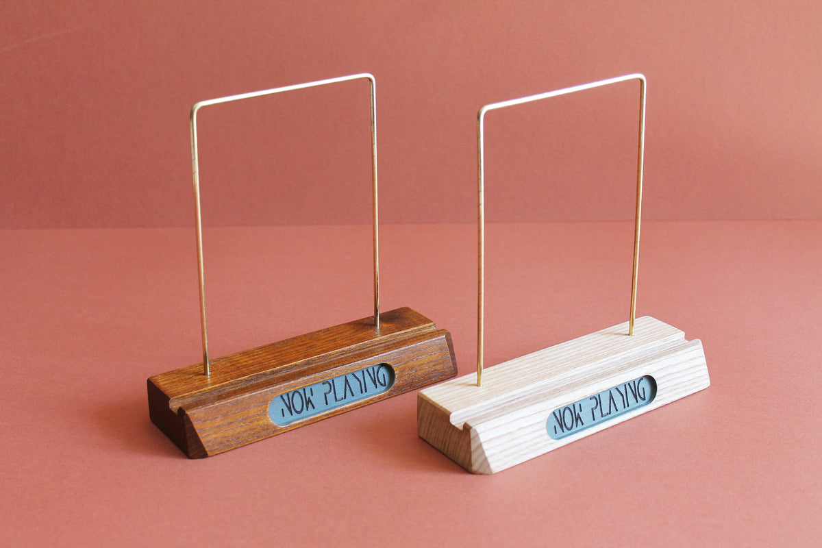Vinyl record holder for display in wood and brass | Now Playing record stand | Vinyl record display