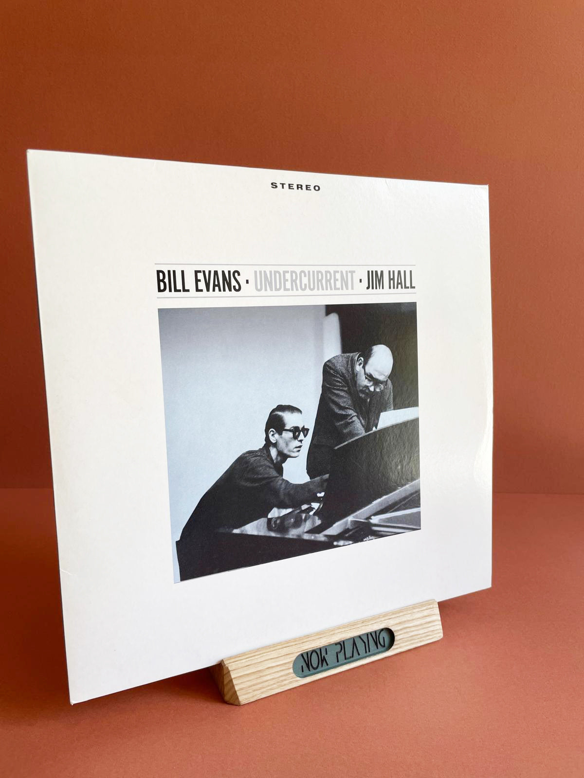 Vinyl record holder for display in wood and brass | Now Playing record stand | Vinyl record display