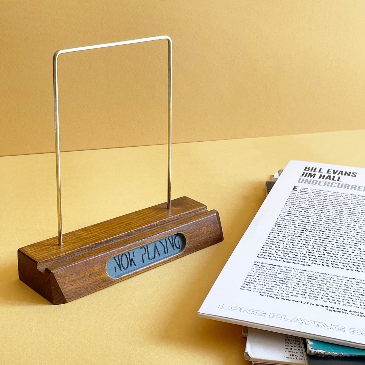 Vinyl record holder for display in wood and brass | Now Playing record stand | Vinyl record display