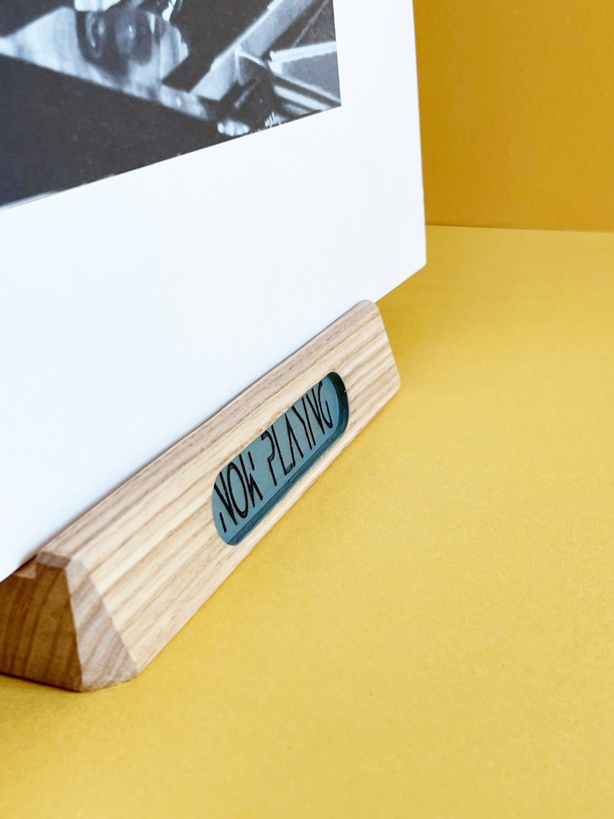 Vinyl record holder for display in wood and brass | Now Playing record stand | Vinyl record display