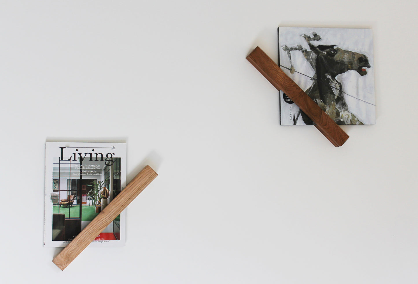 Floating wooden shelf. Modern rack for magazines or books. SLICE