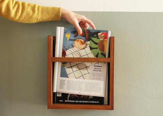Wood wall mounted magazine rack. Mid century. AGNESE